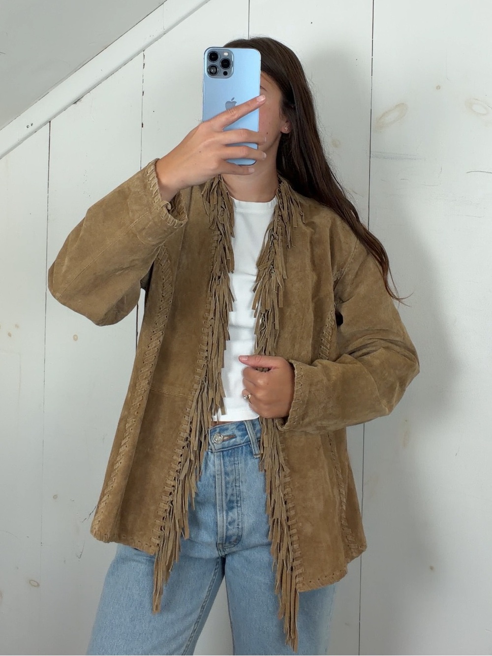 Vintage Tan Brown Suede Leather Western Fringe Trim Jacket Women’s 2 Large Y2K